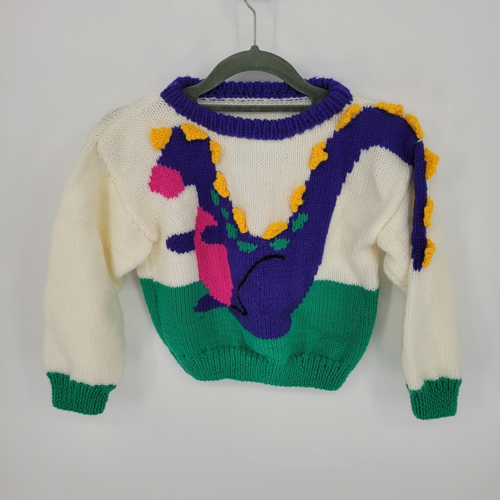 Vintage kids 90s Dinosaur Knit Sweater intarsia Kids 4T Aesthetic Colorblock